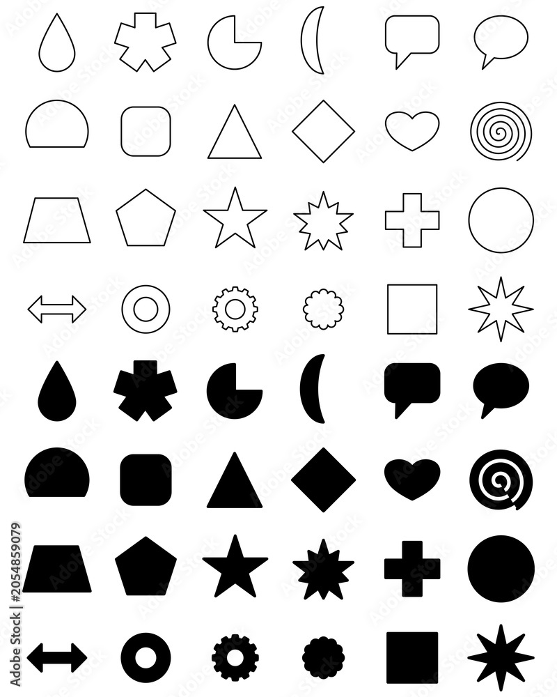 Fototapeta premium Geometric shapes and symbols icon set with outline and solid styles isolated on white background, including stars, hearts, arrows, speech bubbles and abstract elements
