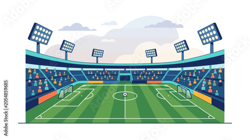 A detailed illustration of an empty modern soccer stadium with green field and bright floodlights under a cloudy sky.