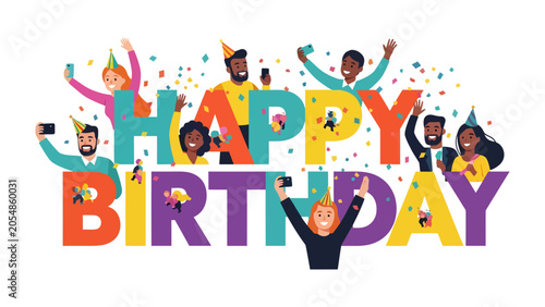 Tableau sur toile Happy Birthday Celebration: A vibrant and colorful illustration depicts a joyous birthday celebration with diverse people raising their arms in excitement, confetti falling
