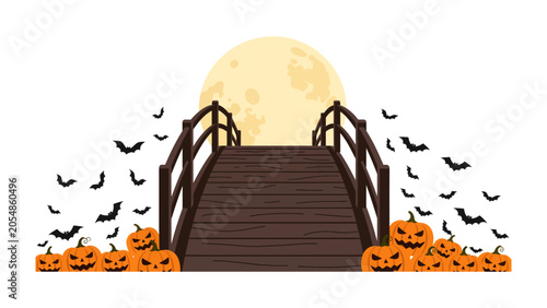 Foto Halloween Bridge Spectacle: A spooky wooden bridge adorned with grinning jack-o'-lanterns and surrounded by a swarm of flying bats beneath a colossal full moon creates an eerie Halloween night scene