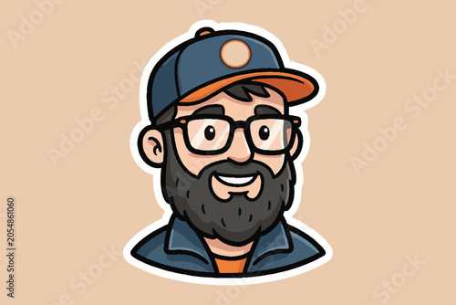 Friendly cartoon character avatar with beard glasses and baseball cap