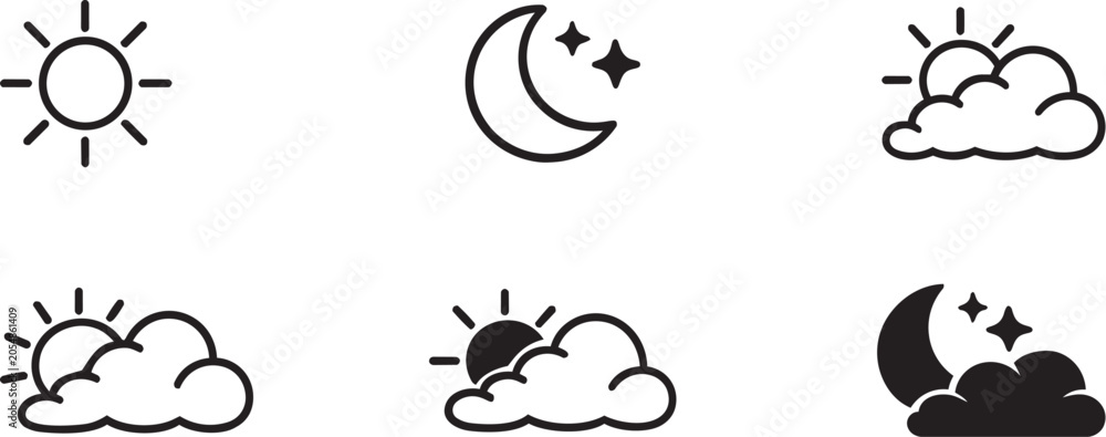 Obraz premium Minimal Weather Icons Pack | Line & Glyph Weather Vector Icons