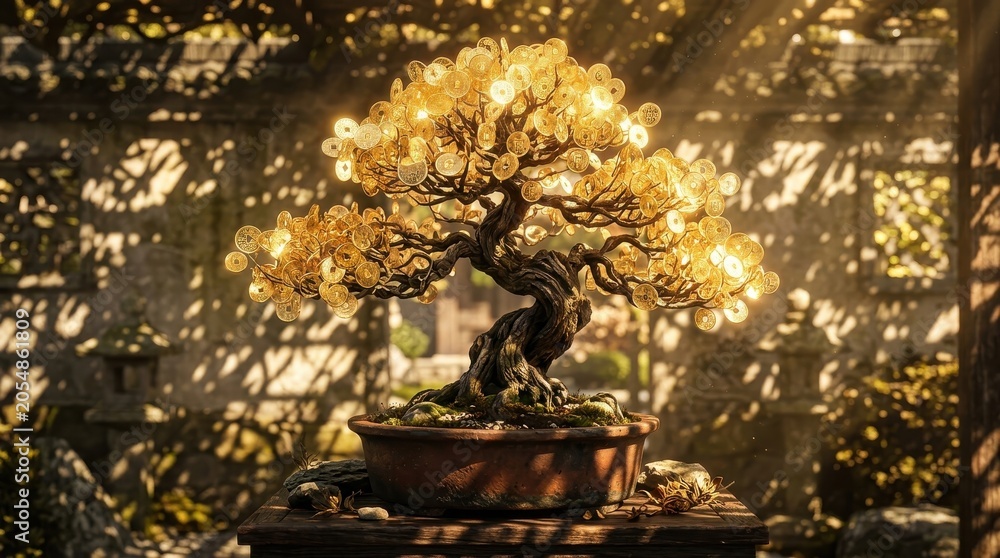 Obraz premium Bonsai Money Tree with Glowing Golden Coins in a Traditional Garden