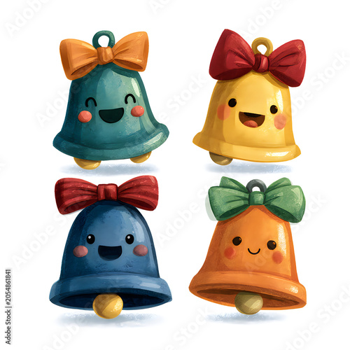 Set of four cute cartoon christmas bells with colorful ribbons and happy faces, festive holiday decorations for greeting cards and seasonal designs, isolated on white background