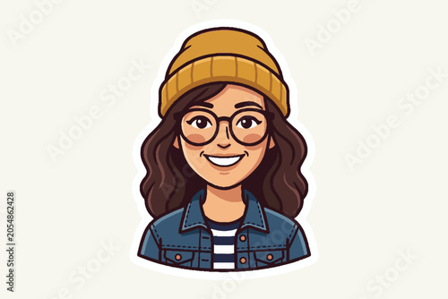 Cartoon portrait of a young woman wearing a beanie and glasses