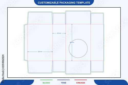 Tableau sur toile Rectangular food box packaging dieline template with circular window, featuring