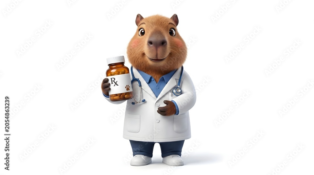 Obraz premium Cute 3D Capybara Doctor Holding Medicine Bottle