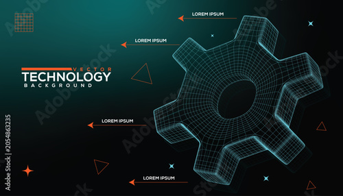 Abstract Digital Gear 3D Wireframe Concept Futuristic Technology Infographic Background featuring Glowing Cyan Mesh Geometric Construction and Data Visualization Elements on Dark Gradient Teal Surface
