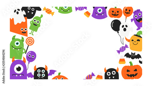 Foto Spooky Halloween Frame: A playful border filled with whimsical monsters, grinning pumpkins, playful ghosts, and sweet candies sets the scene for a fun and festive Halloween celebration