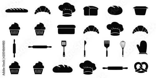 Foto Set of bakery and baking items including bread, pastries, cupcakes, and kitchen