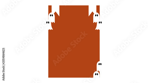фотографія Spooky Ghost Border: Cute cartoon ghosts with simple black eyes peek from the corners of an orange square, creating a playful and whimsical border perfect for Halloween-themed designs