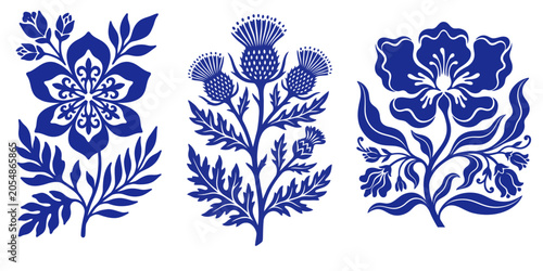 Bild auf Leinwand Three exquisite blue and white floral and botanical illustrations, presented as