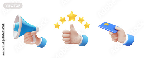 Marketing and banking 3d set, vector realistic business hand holding megaphone, credit card and showing thumbs up with golden stars isolated on white