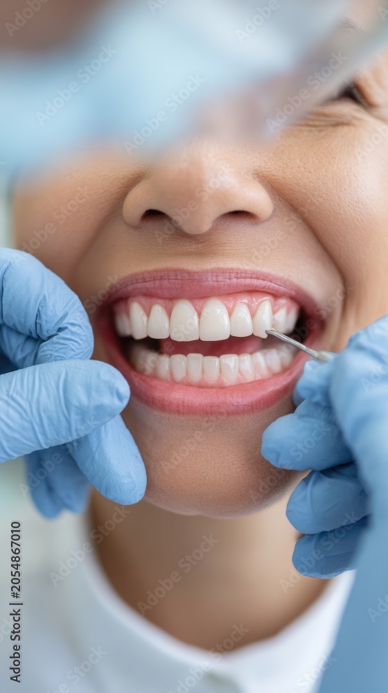 Fototapeta premium Female dentist in blue gloves examines patient's teeth with dental tool, showcasing healthy smile and bright white teeth in a clinical dental office setting