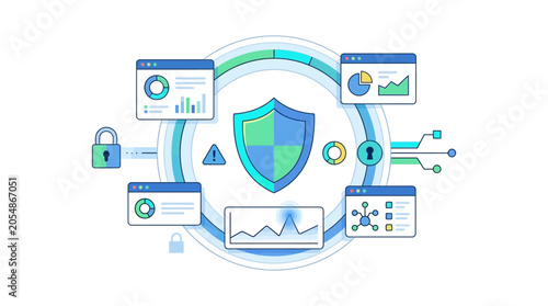 Digital security concept with a central shield icon surrounded by data dashboards, locks, and network connections, illustrating cybersecurity and data protection.