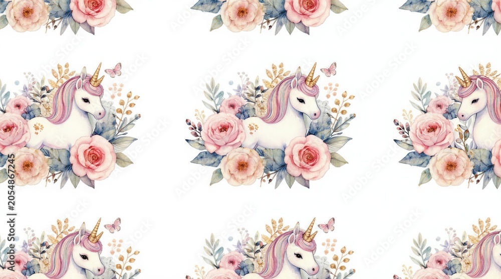 Naklejka premium Watercolor unicorn surrounded by pink roses, plants. Gentle pastel colors evoke magical, dreamy atmosphere. Butterflies flutter near mythical creature, adding whimsical charm. Sweet illustration