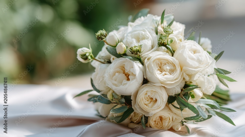 Fototapeta premium Elegant white rose bouquet arranged with greenery on a soft fabric surface, ideal for wedding ceremonies and bridal celebrations in a romantic setting