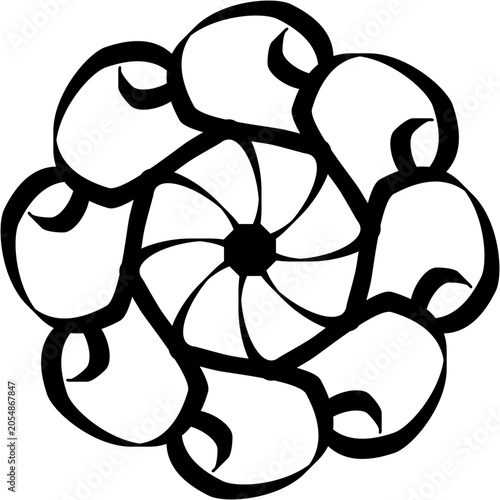 Foto A spinning pinwheel blooms at the center, cradled by plump rounded pods with curling tendrils, merging floral geometry with organic, seed-like abundance