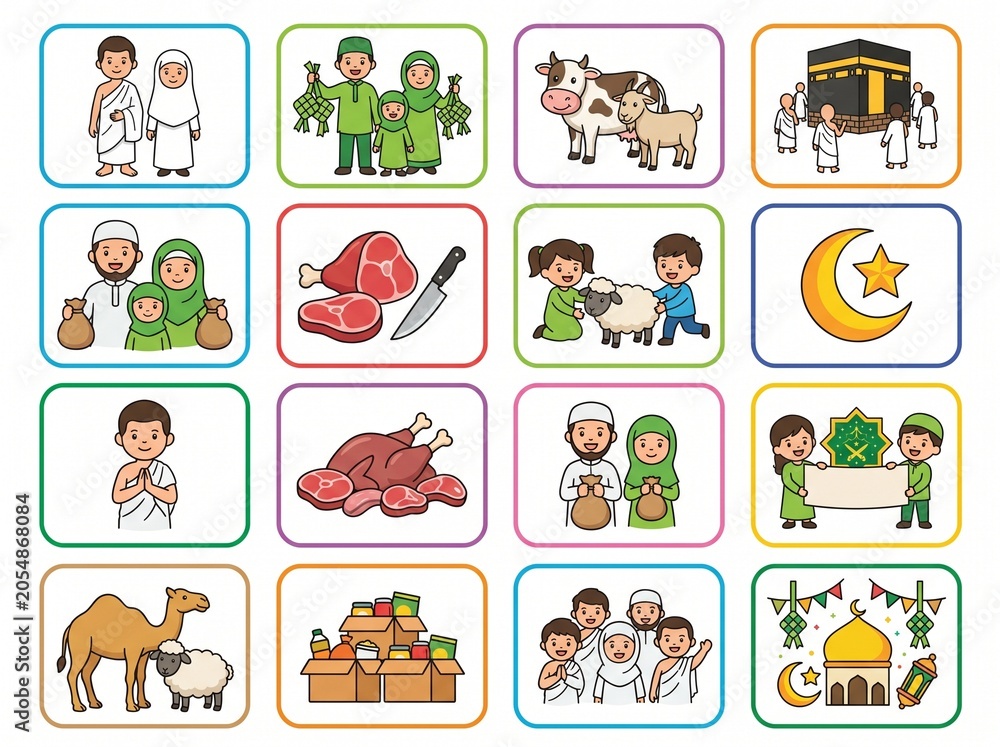 Obraz premium Colorful flat lay of 12 square icons depicting various Eid al-Adha themed illustrations on white background.