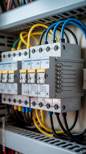 Closeup of an electrical panel with circuit breakers and colorful wires connected to them in an industrial setting with metal grating