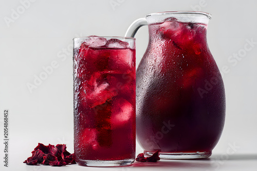 Refreshing Hibiscus Agua Fresca in Glass and Pitcher with Iced Garnish and Dried Petals on White Background