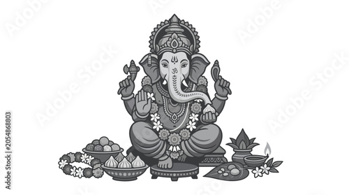 Detailed monochrome illustration of Lord Ganesha seated with traditional offerings.