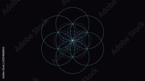 A mesmerizing seamless 4K loop of a glowing blue seed of life sacred-geometry pattern breathing in radial symmetry in rich volumetric light. Ideal for yoga studio, video overlay. 4K UHD.