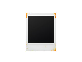 Distressed vintage instant photo frame, isolated transparent background. Retro paper picture border with aged white cardboard and grunge orange-brown edges. Blank placeholder for memories, graphic