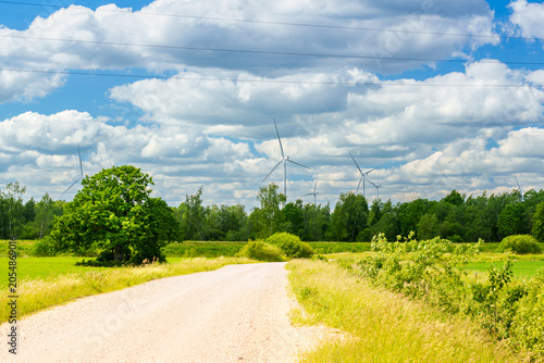 Scenic view of wind turbines in a rural Latvian landscape with a green tree and country road