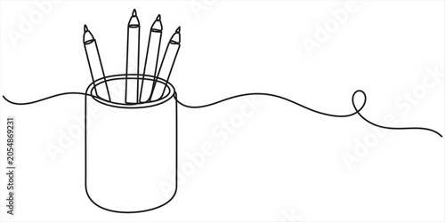 pen holder continuous one line drawing, minimalism design isolate, outline illustration in white background. 