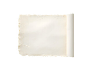 Blank vintage parchment paper scroll isolated on transparent background, aged textured paper sheet with torn ragged edges, roll of antique papyrus for creative design projects and artistic letters