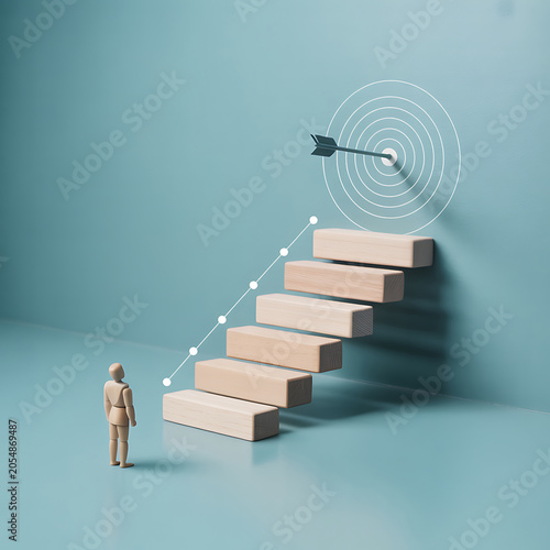 A small wooden mannequin looks up at a set of ascending wooden blocks with a target and arrow above, symbolizing business goals and strategy on a blue background