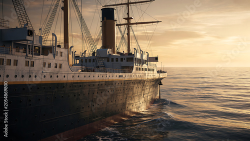 Majestic titanic ship sailing on the ocean at sunset
