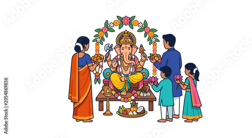 Картината върху платно A family performing a traditional Hindu prayer ritual for Lord Ganesha