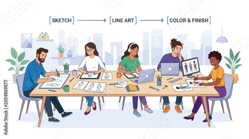 Photos Creative design team collaborating on character illustration workflow