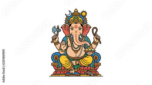 Colorful illustration of Lord Ganesha sitting on a throne.