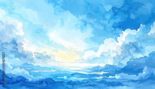 Sky painting with bright, sunlit clouds, fading blue tones, and a serene, soft, airy aesthetic