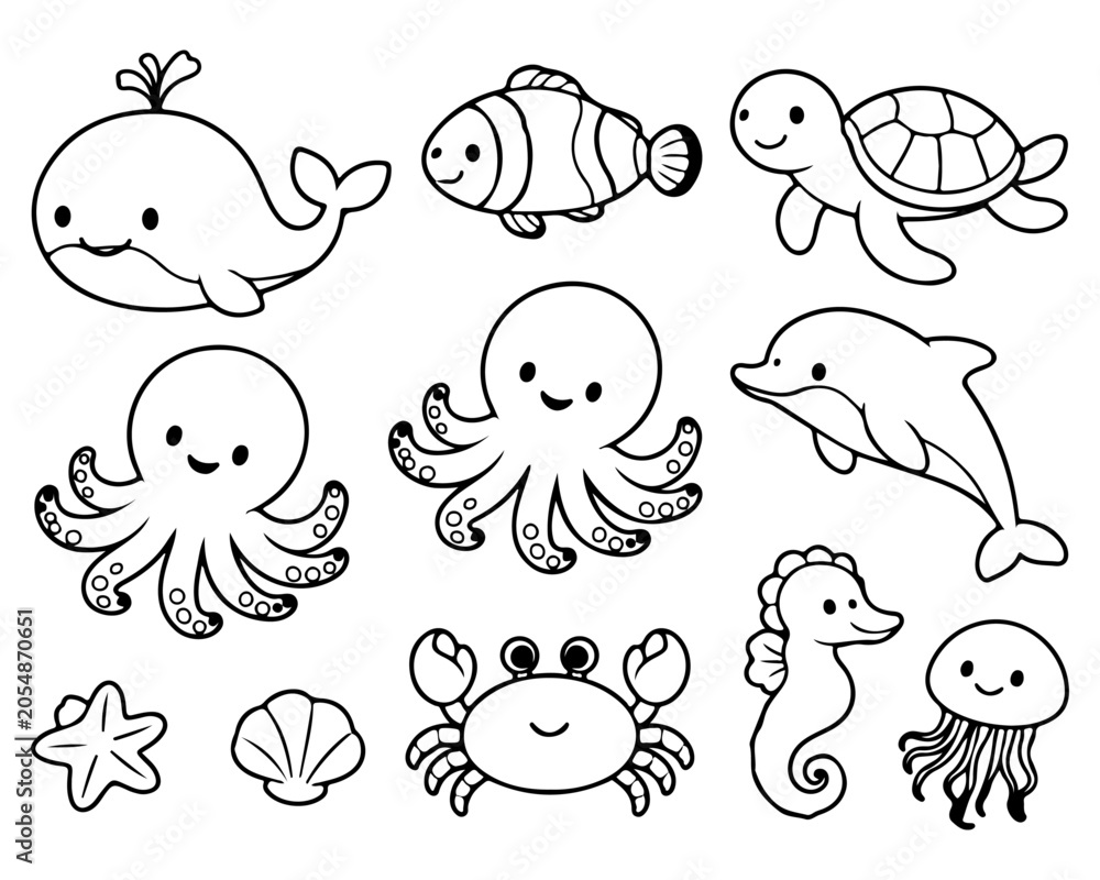 Obraz premium Cute Sea Animals Vector Set Line Art for Kids Coloring Page