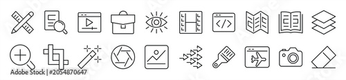 Set of thin line icons of graphic design. Simple linear icons in a modern style flat, Creative Process. Graphic design, creative package, stationary, software and more