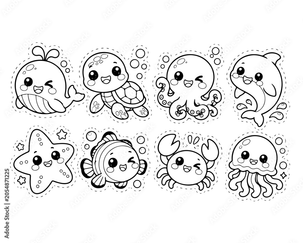 Fototapeta premium Cute Sea Animal Stickers Line Art Set for Coloring Pages