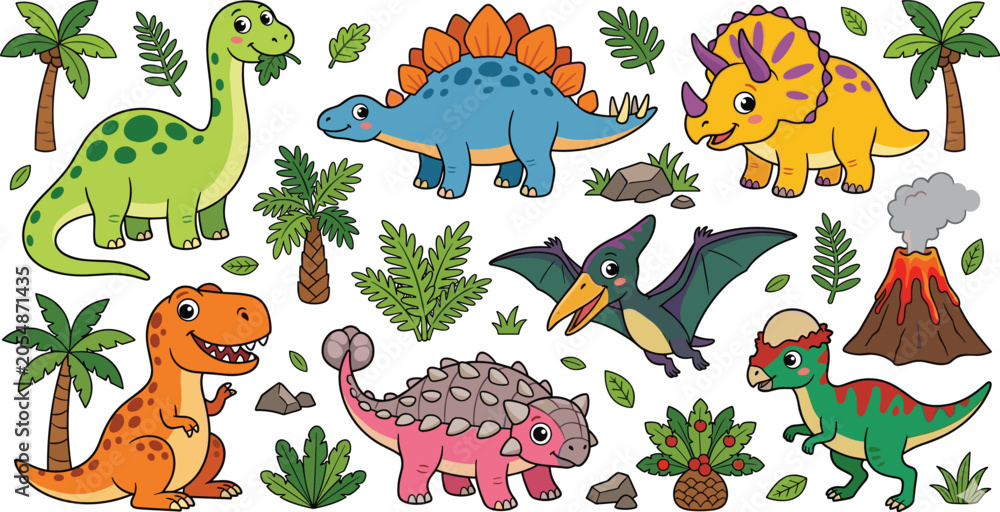 Obraz premium Cute Dinosaur Sticker Set with Cartoon Prehistoric Reptiles, Erupting Volcano, Palm Trees, and Tropical Plant Vectors for Kids Graphic Design Projects