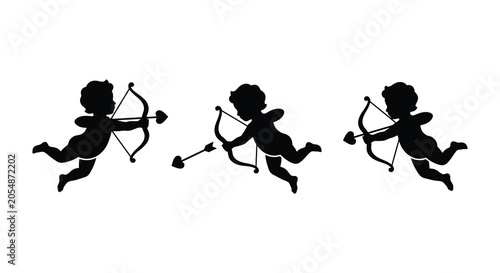 Quadro em tela Three cherub silhouettes holding bows and arrows a black and white graphic illus