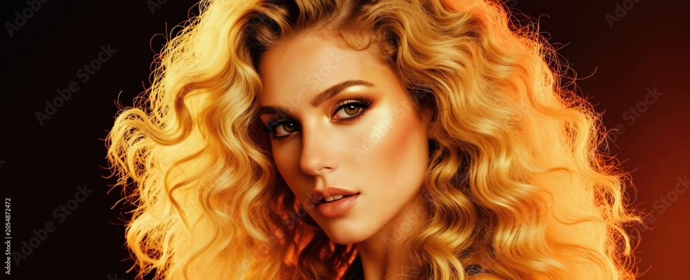 Fototapeta premium Woman with voluminous wavy blonde hair and bright makeup. Golden neon light creates a glamorous and fashionable portrait. Intense gaze and styled hairstyle.