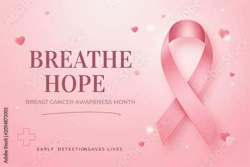 Pink ribbon with text BREATHE HOPE for Breast Cancer Awareness Month campaign