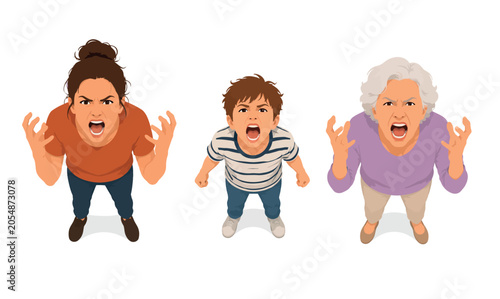 Fotografie Vsai angry family members screaming at observer overhead view