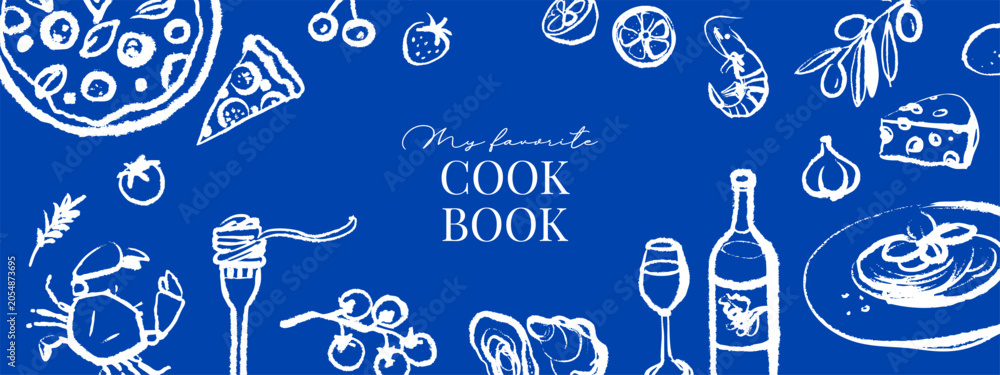 Obraz premium Italian Mediterranean cook book cover. Hand drawn crayon isolated vector illustration. Amalfi sketch vacation design. Wine, grapes, cheese, tomato, olive, pizza. Vintage summer background
