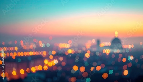 Blurry Cityscape at Dusk with Bokeh Lights and Colorful Sky.