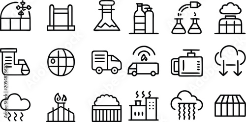 Fotografie A collection of industry-related icons depicts various aspects of manufacturing, production, and environmental processes
