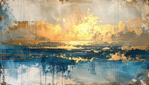 Abstract Seascape Painting with Golden Sunset and Blue Waters.