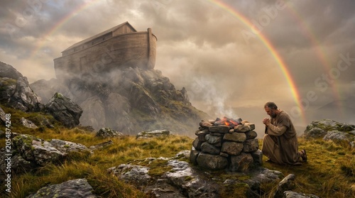 Biblical Scene of Noah Praying Before a Stone Altar After the Great Flood, Noah's Ark on Mount Ararat Under a Vibrant Double Rainbow, Spiritual Concept of Hope and Divine Covenant